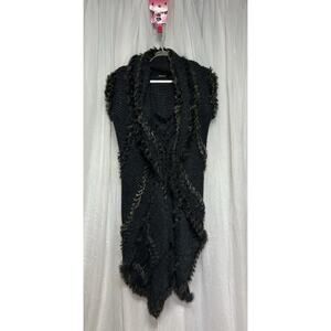 Dolce Cabo Real Rabbit Fur Long Duster Cardigan Pockets Knit Sweater Size Medium